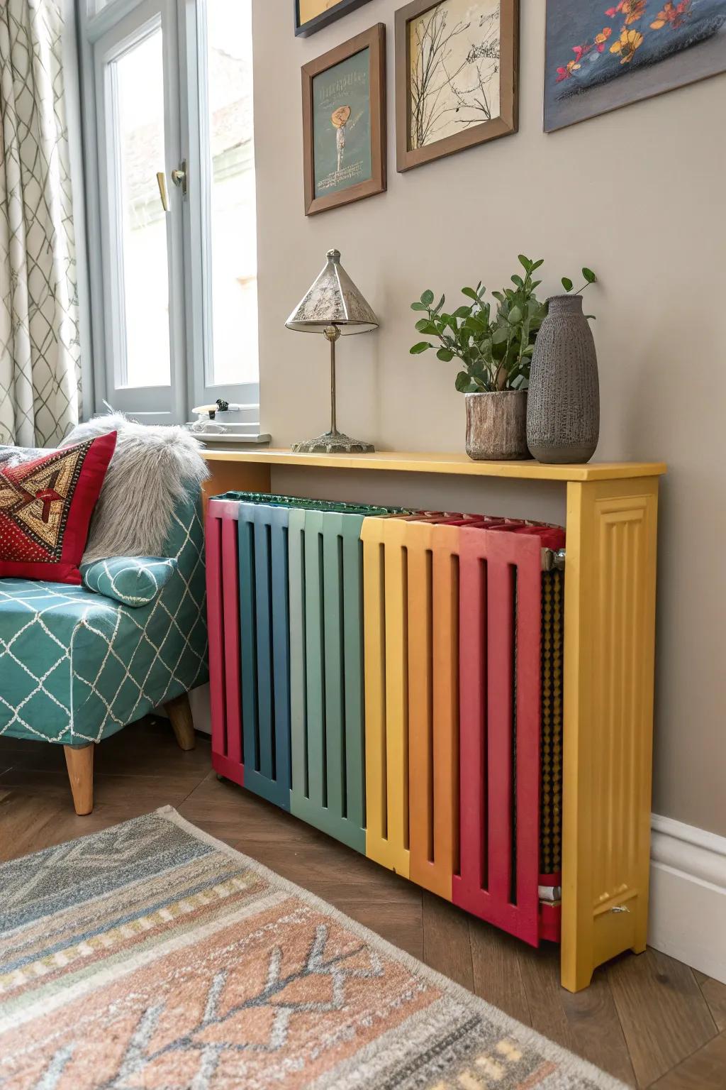 A radiator cover with vibrant colors complements the room's decor.