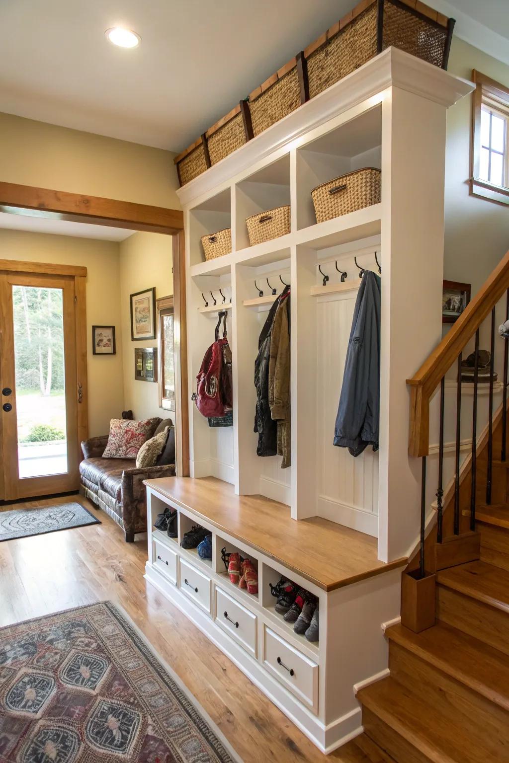 Hooks and cubbies provide efficient storage, keeping the entryway clutter-free.