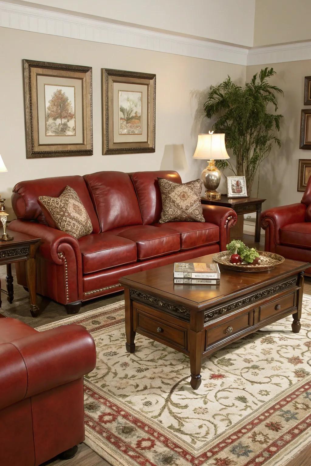 Harmonized décor heightens the coherence and balance of a chamber presenting a scarlet hide sofa.