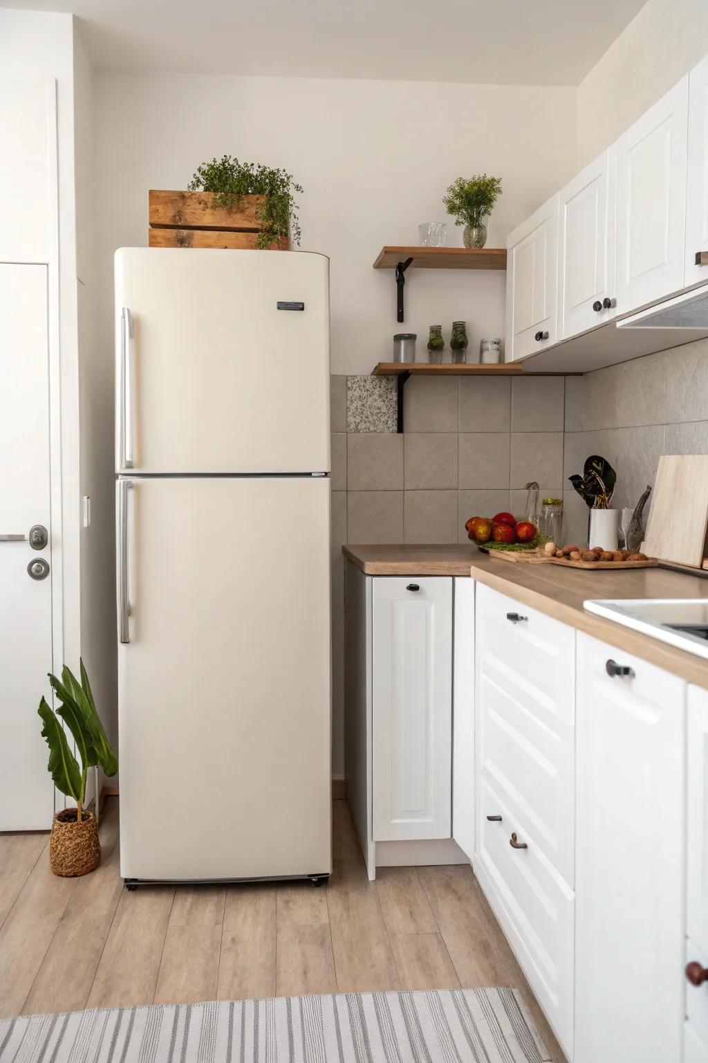A minimalist cooking space with a sleek, neutral-hued 'ice-box' that complements the open area.