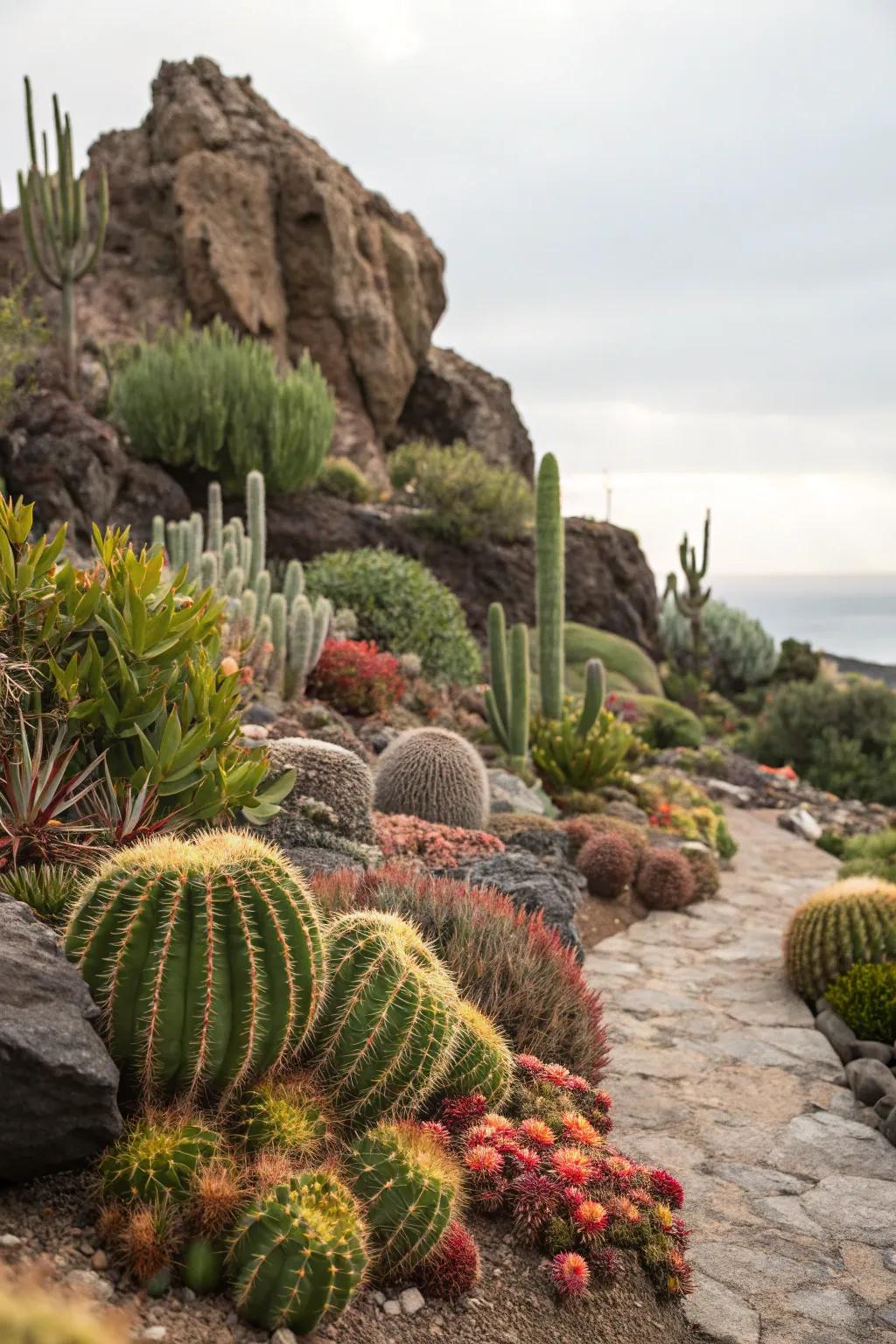 A vibrant succulent and cactus display set against a rocky backdrop.