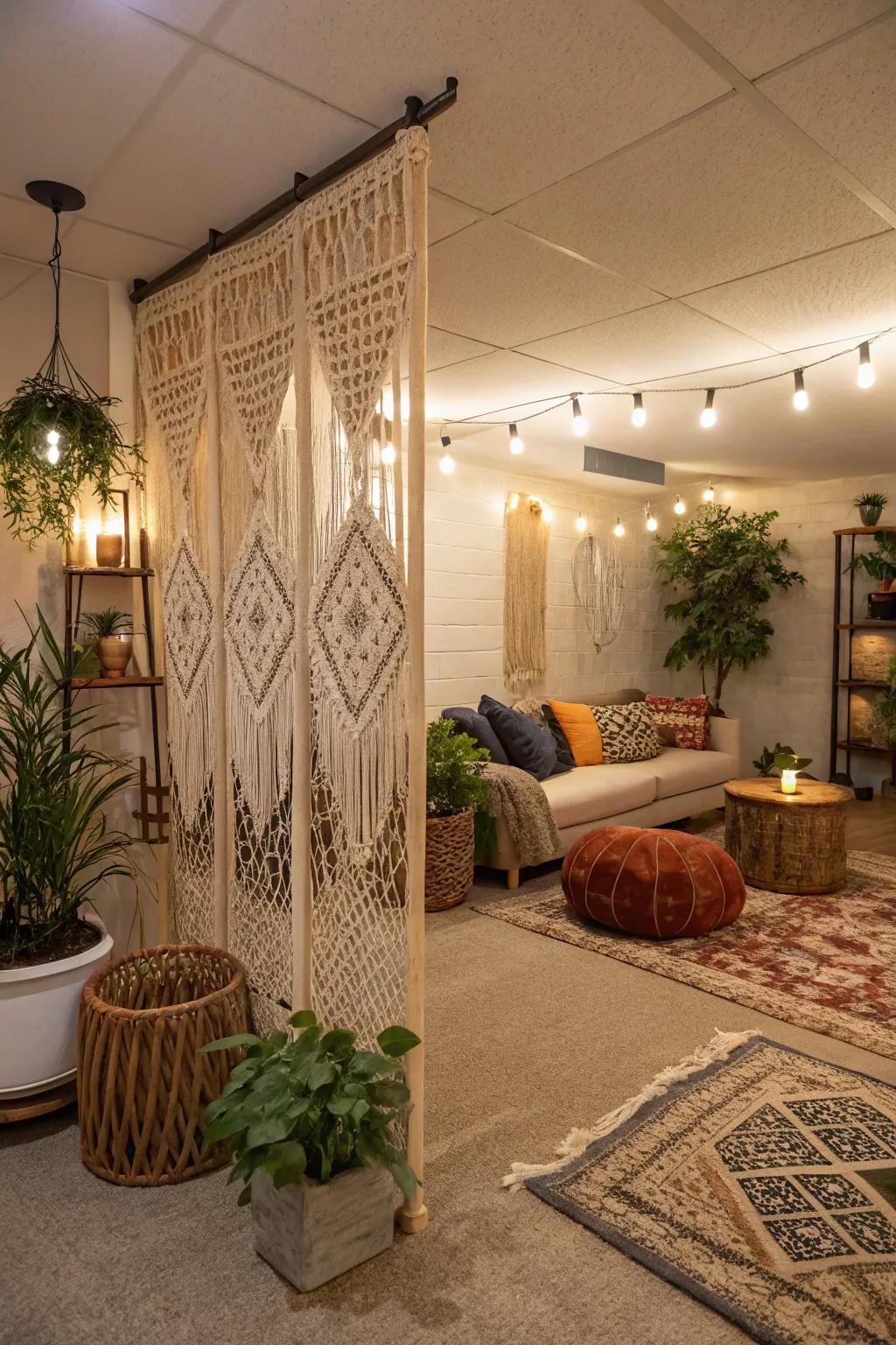 Macramé dividers bring an artistic and cozy touch to basements.