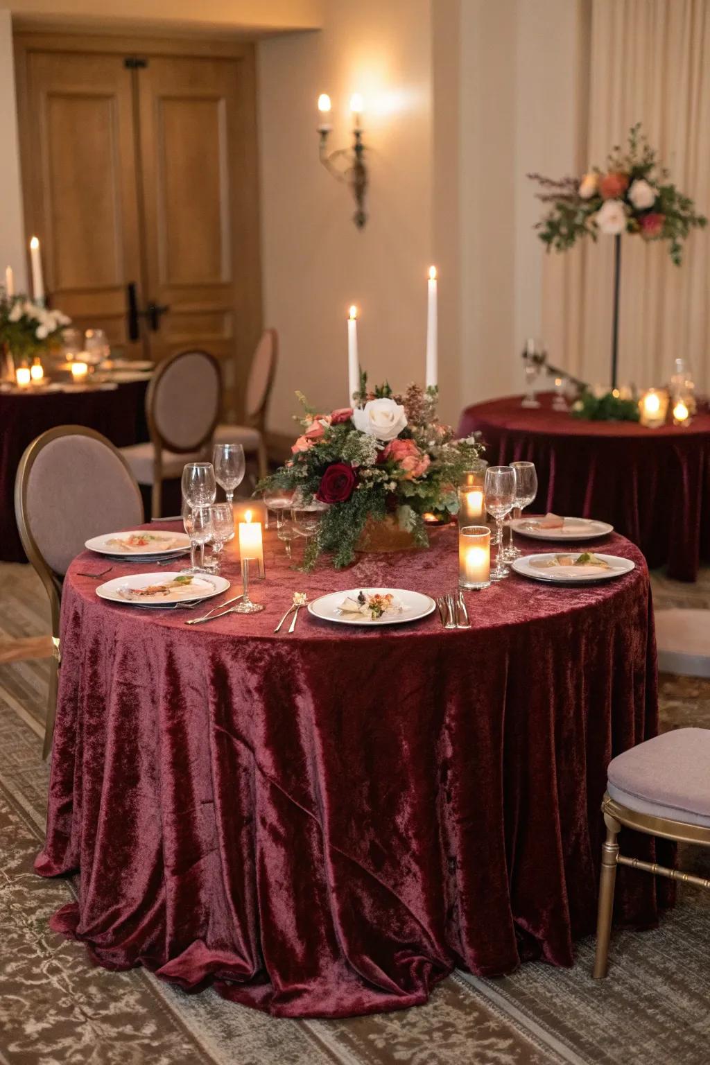 Sophisticated velvet tablecloth for a winter wedding.