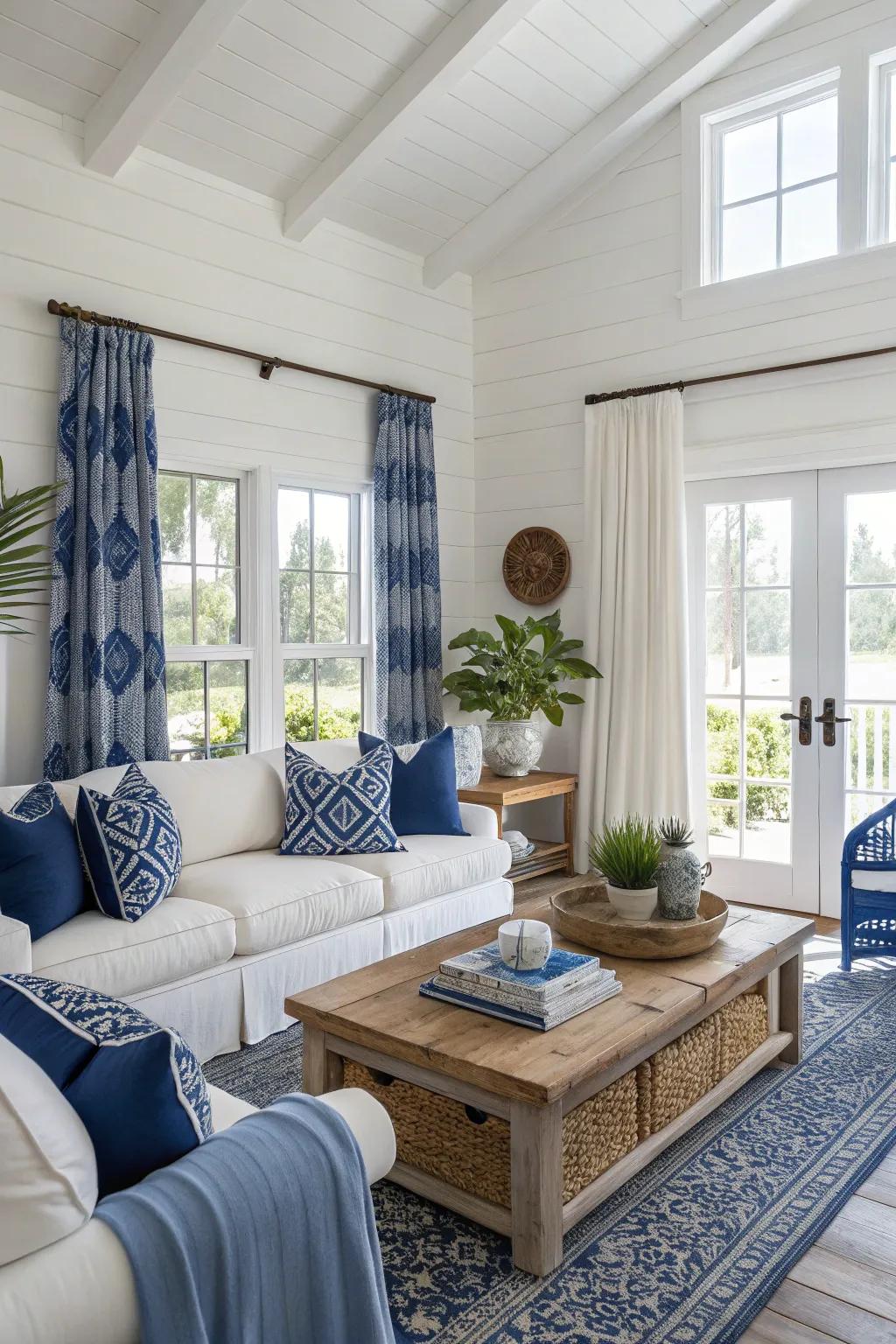 A blue and off-white scheme is timeless and brings a hint of coastal elegance.