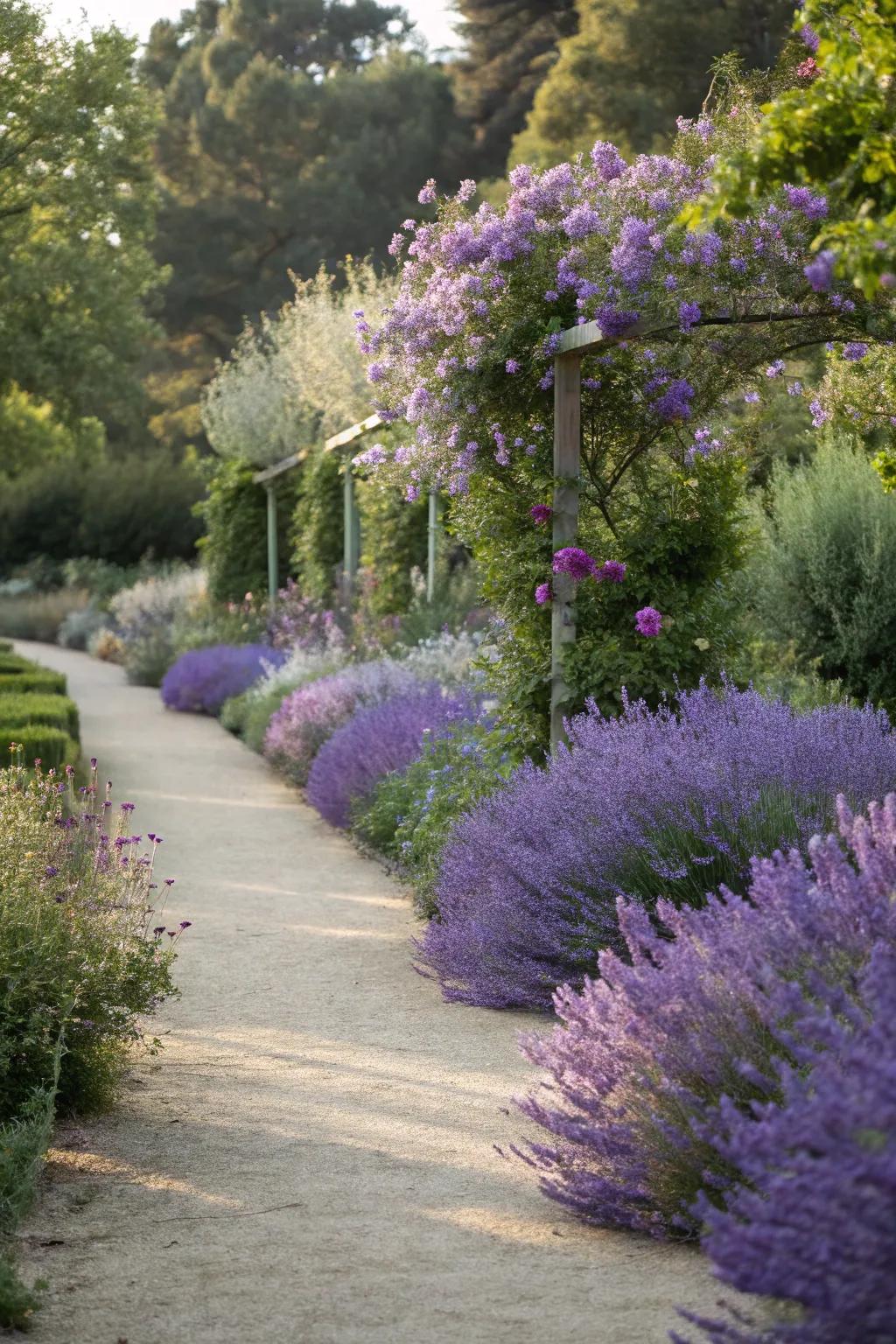 A sensory garden path with fragrant Russian sage and lavender.