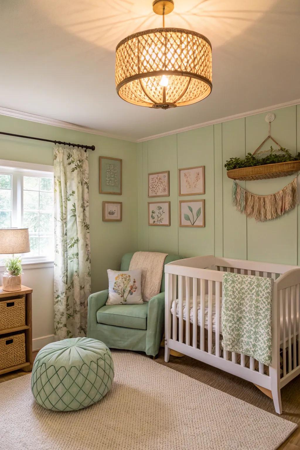 Elegant lighting enhances the style and function of a sage green nursery.