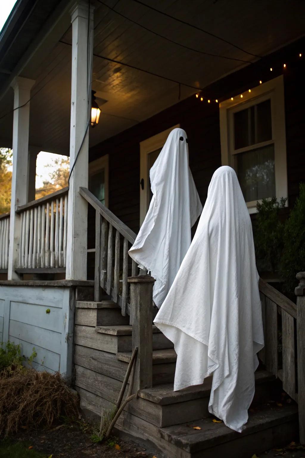 Ghostly figures sway gently in the Halloween night breeze.