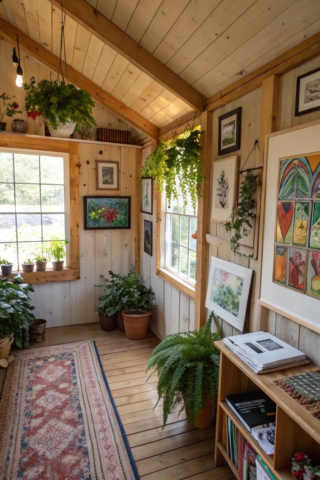 A shed home decorated with art pieces and indoor plants for a personal touch.