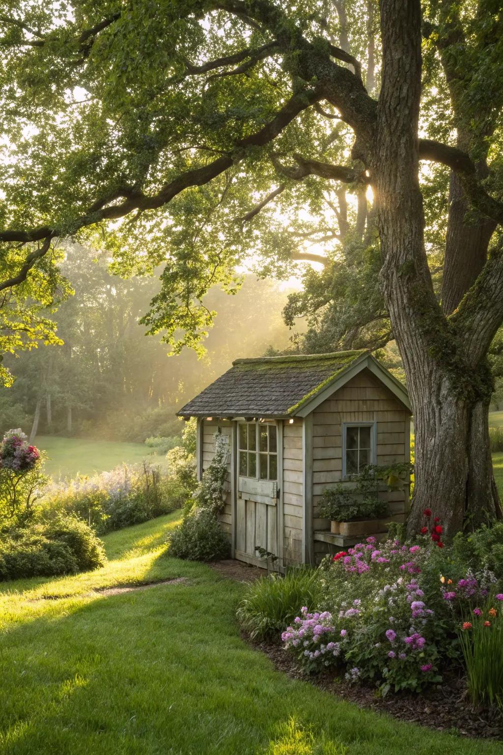 A shed enjoys natural shade beneath majestic trees.