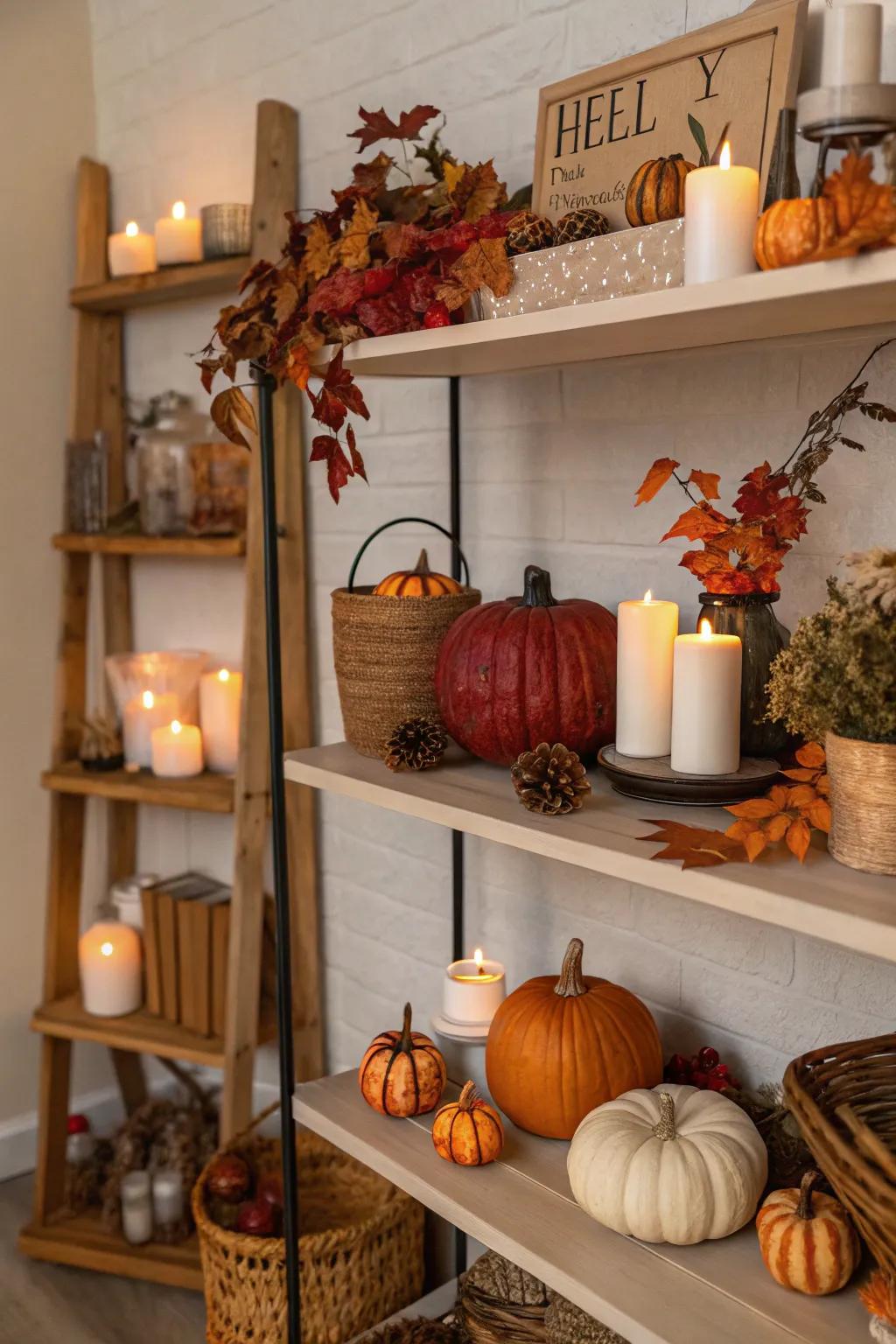 Seasonal decor keeps shelves fresh and timely.