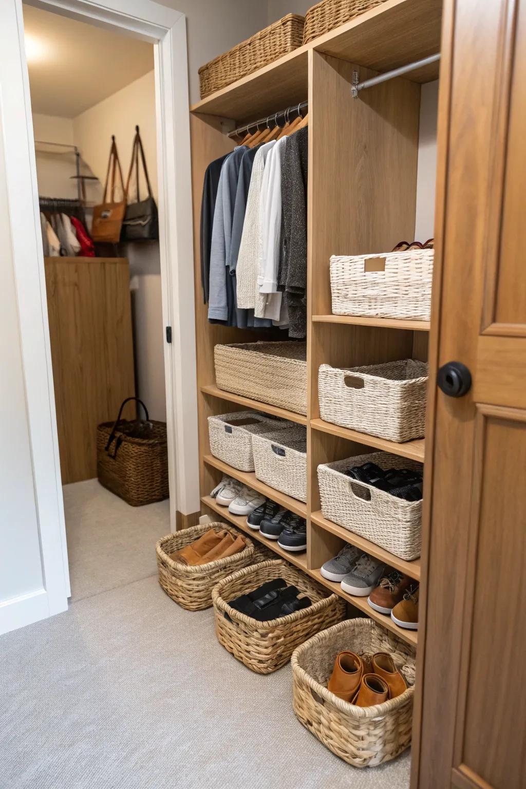 Baskets in the closet provide an organized and tidy shoe storage solution.