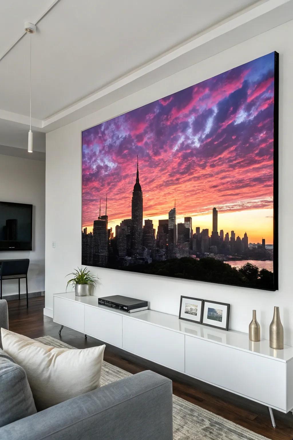 City skyline silhouette on canvas adds boldness to the living room.