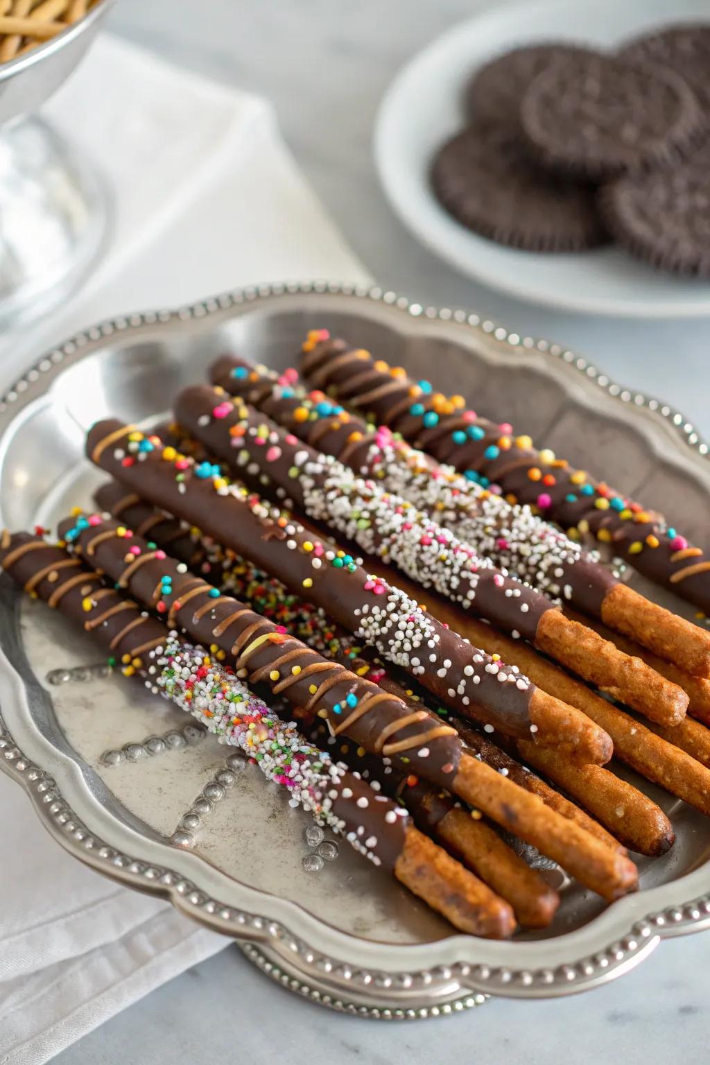 Sweet and salty chocolate-covered pretzel rods, a delightful treat.