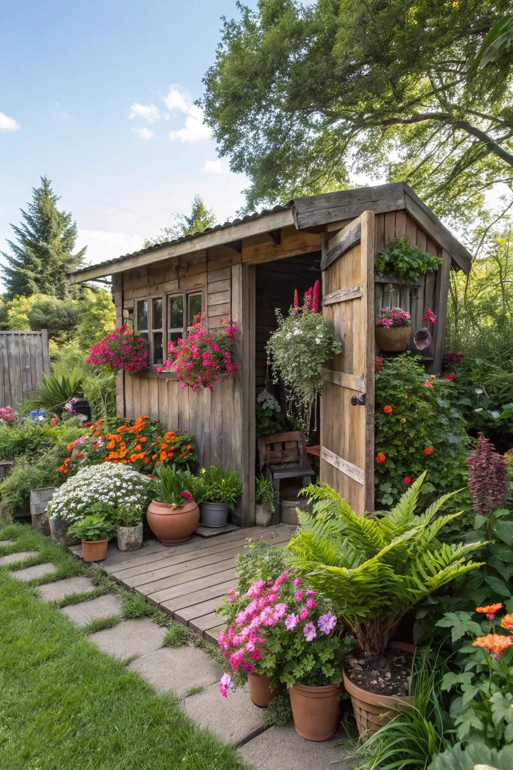 Potted plants provide versatility and seasonal flair to your shed.