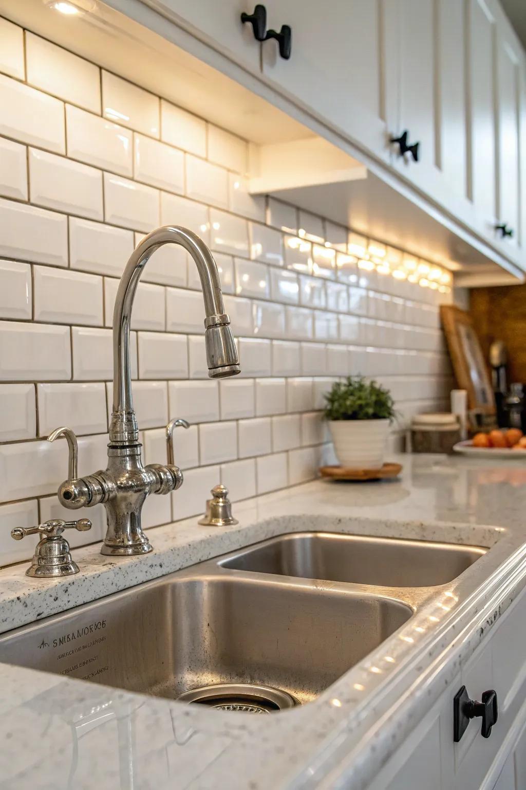 Classic white tiles offer timeless elegance in the kitchen.