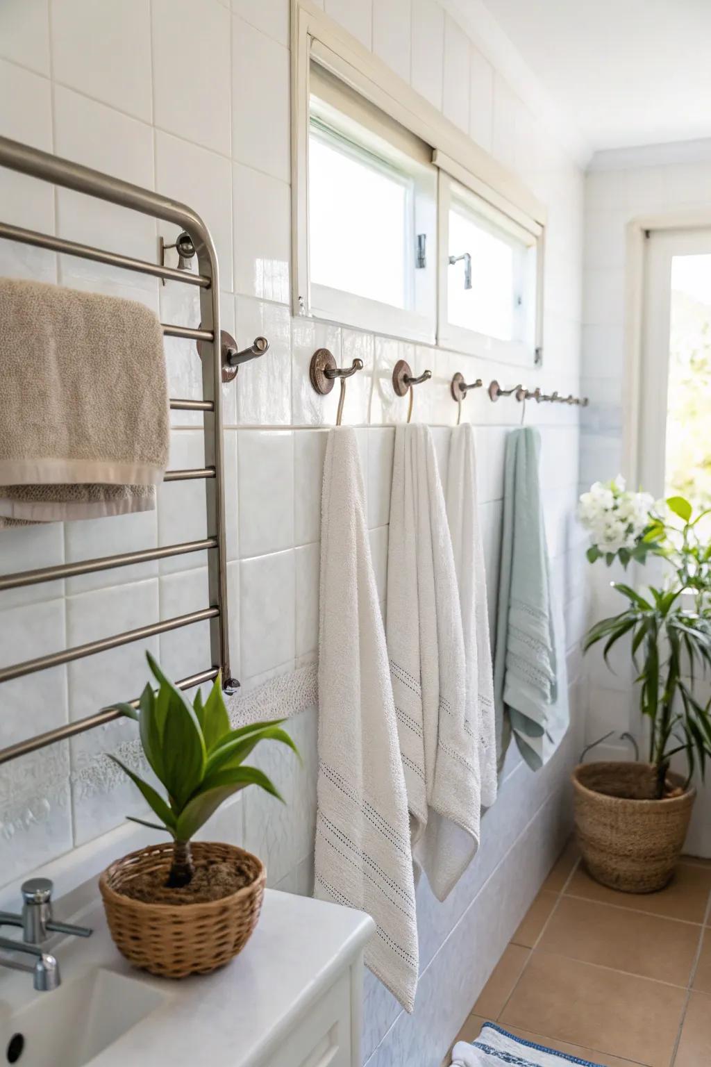 Easy and effective towel storage with bars and hooks.