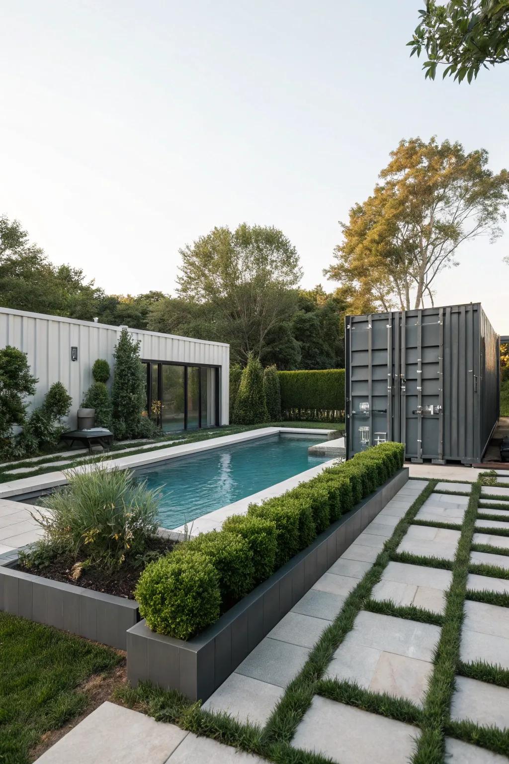 An industrial-chic shipping container pool in a modern backyard.