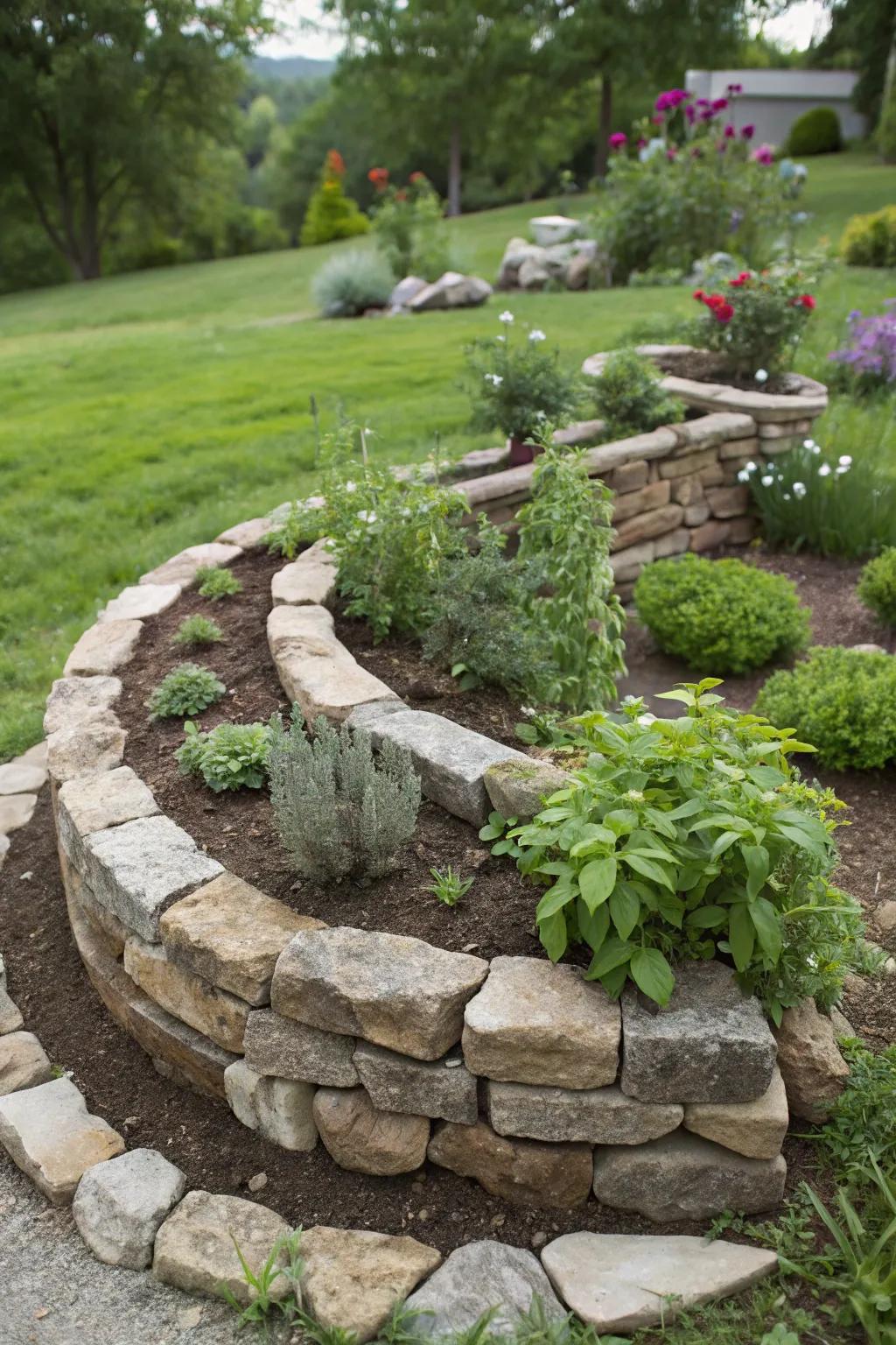 Herb spirals offer a space-efficient way to grow a diverse range of herbs.