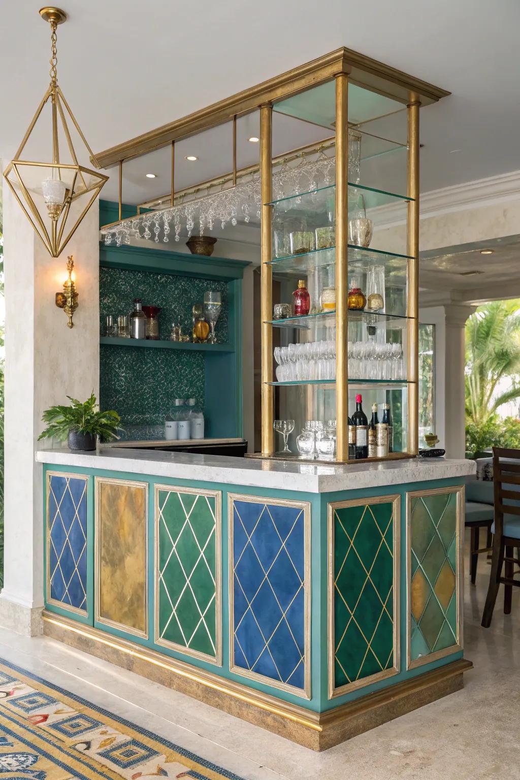 A small wet bar featuring a unique and stylish color scheme.