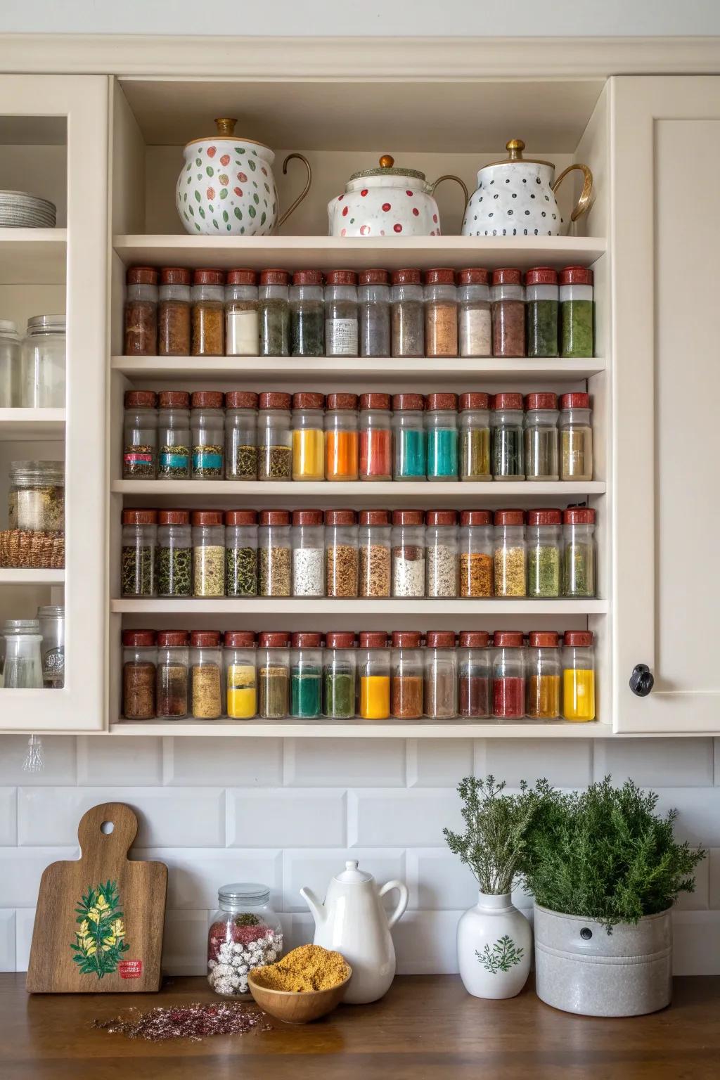 Open shelving turning spices into decorative elements.