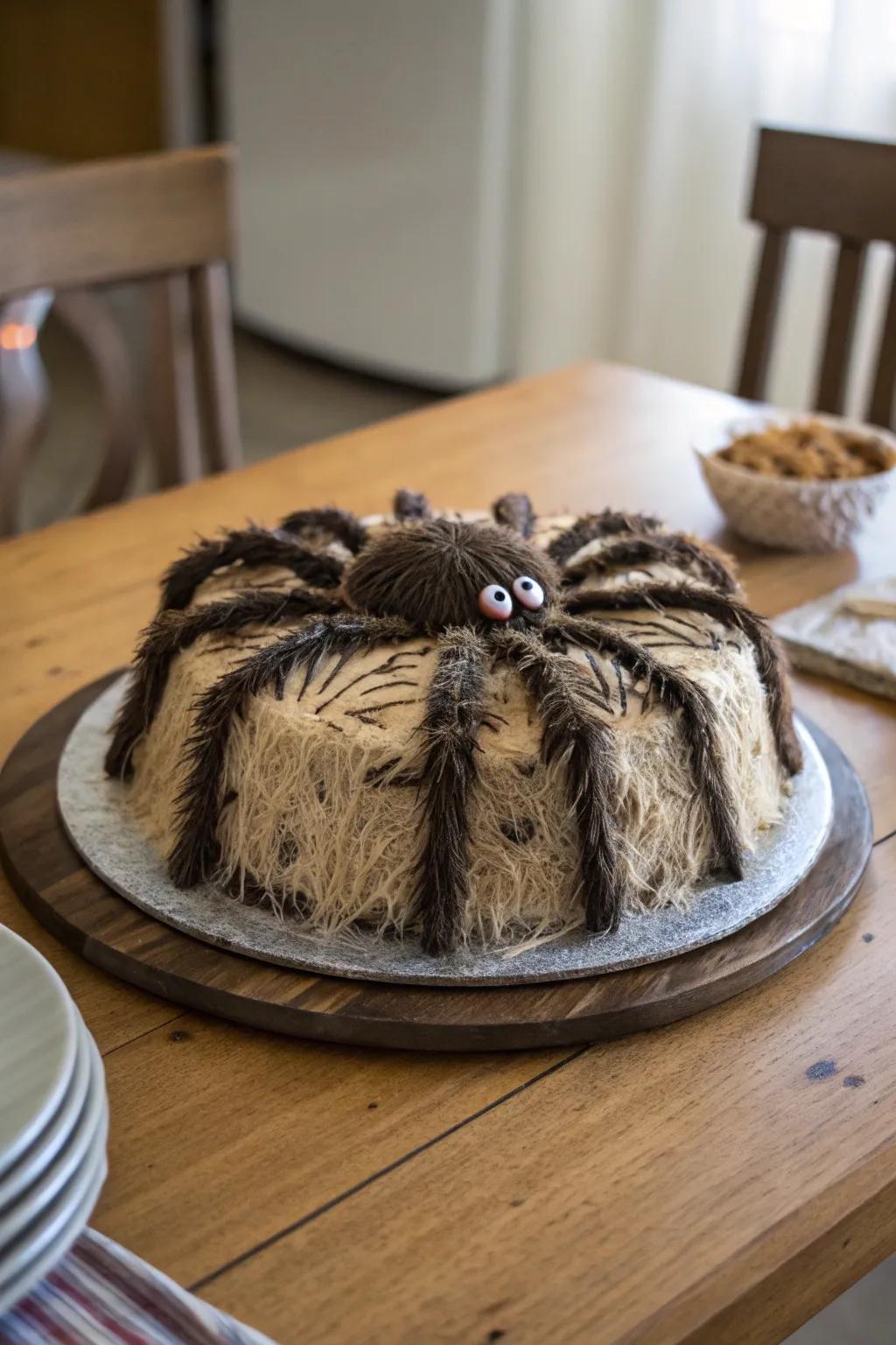 A furry spider cake that looks almost real.