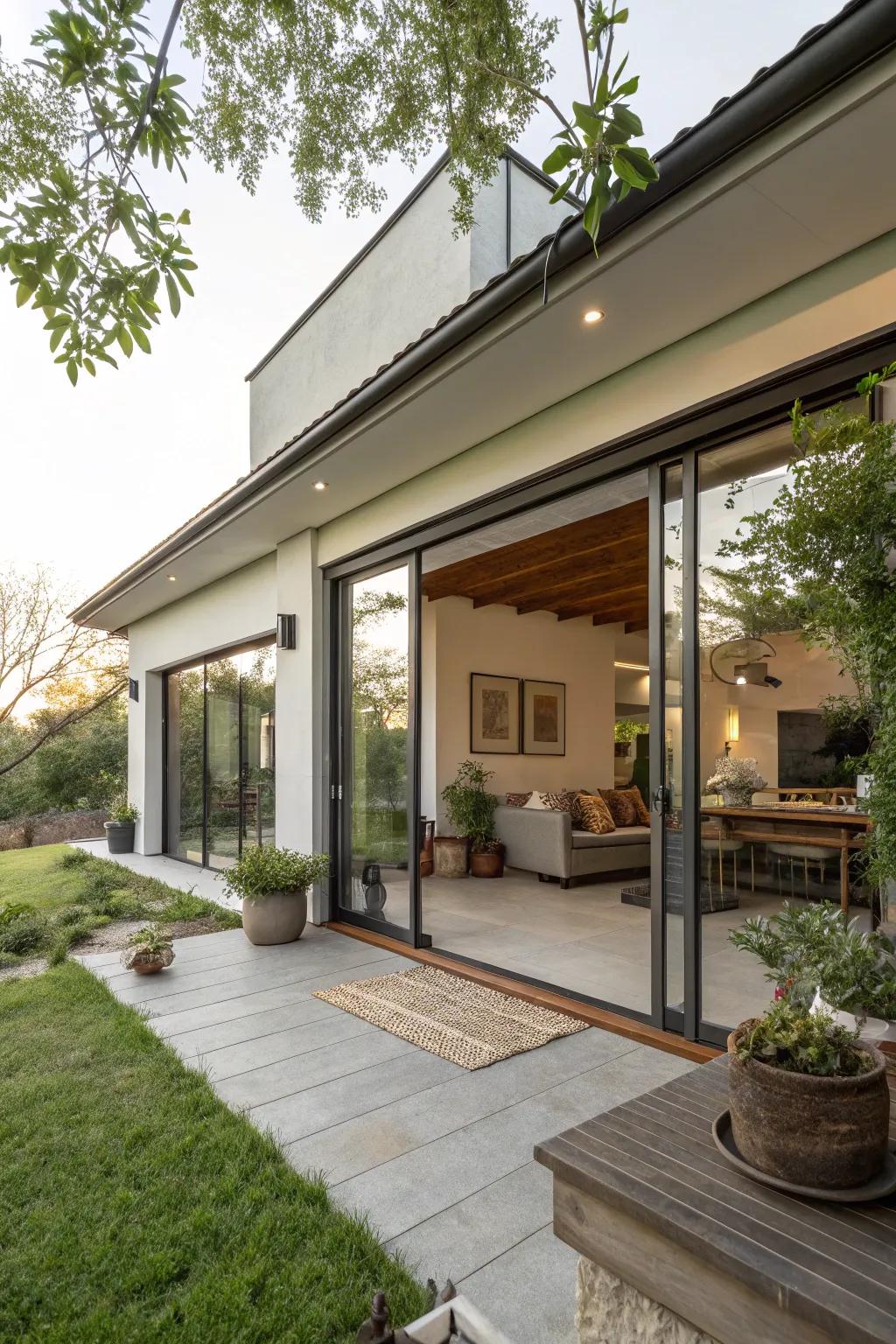 Seamless indoor-outdoor living in a square house design.