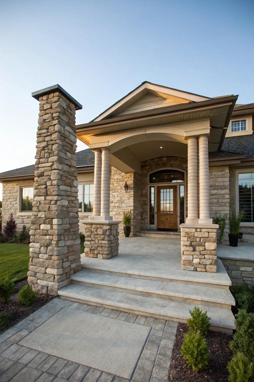 Stacked stone columns provide an elegant accent to this home's entrance.