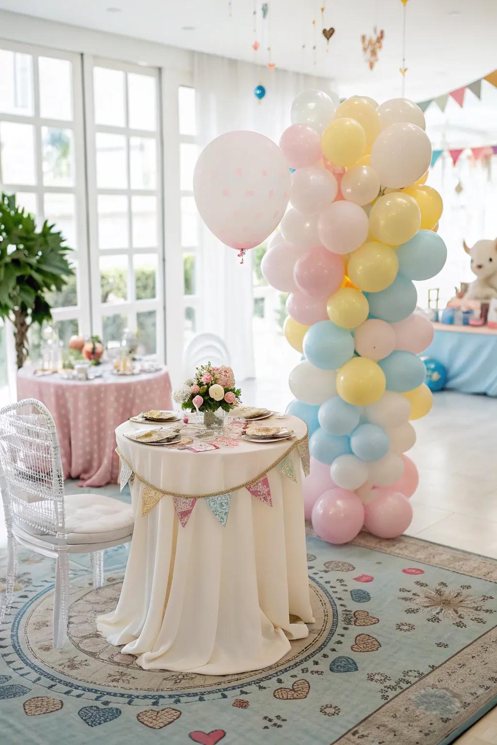 A whimsical sweetheart table with a playful balloon arrangement.