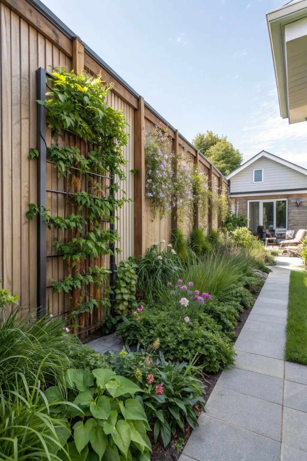 A vertical garden providing privacy while adding lush greenery.