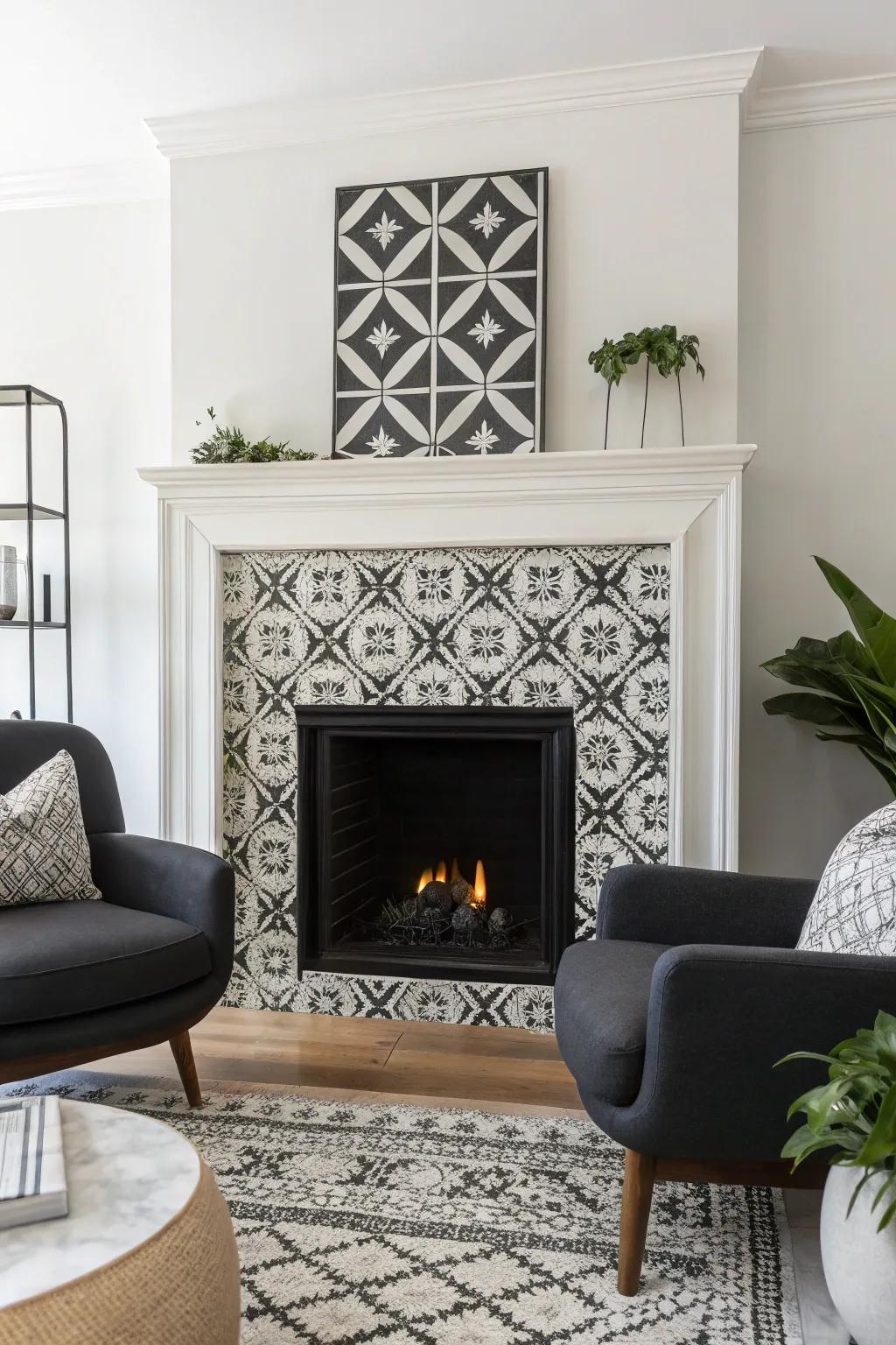 A black and white scheme creates a chic and minimalist fireplace.