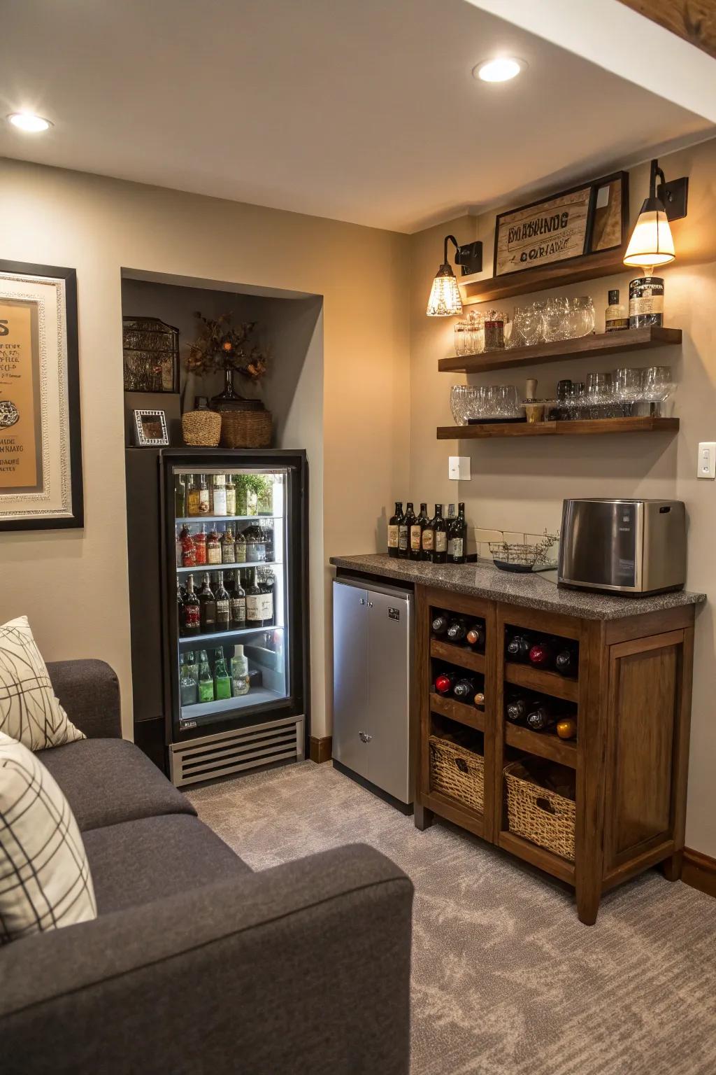 A mini bar adds a touch of class to a small man cave.