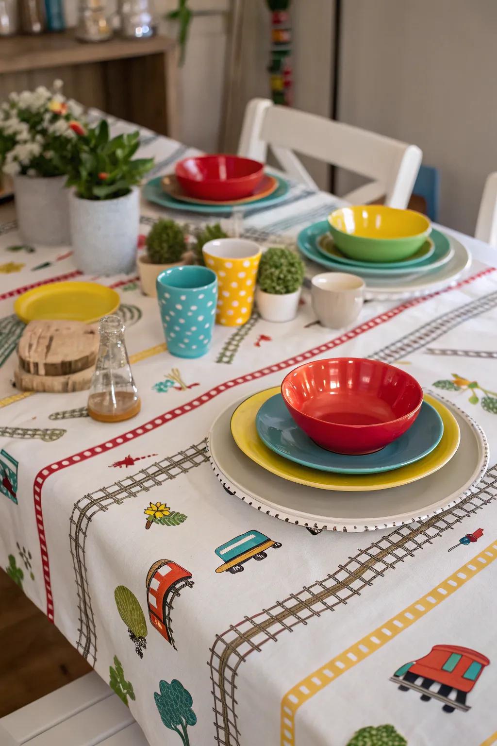 Train track tablecloths create a playful atmosphere.