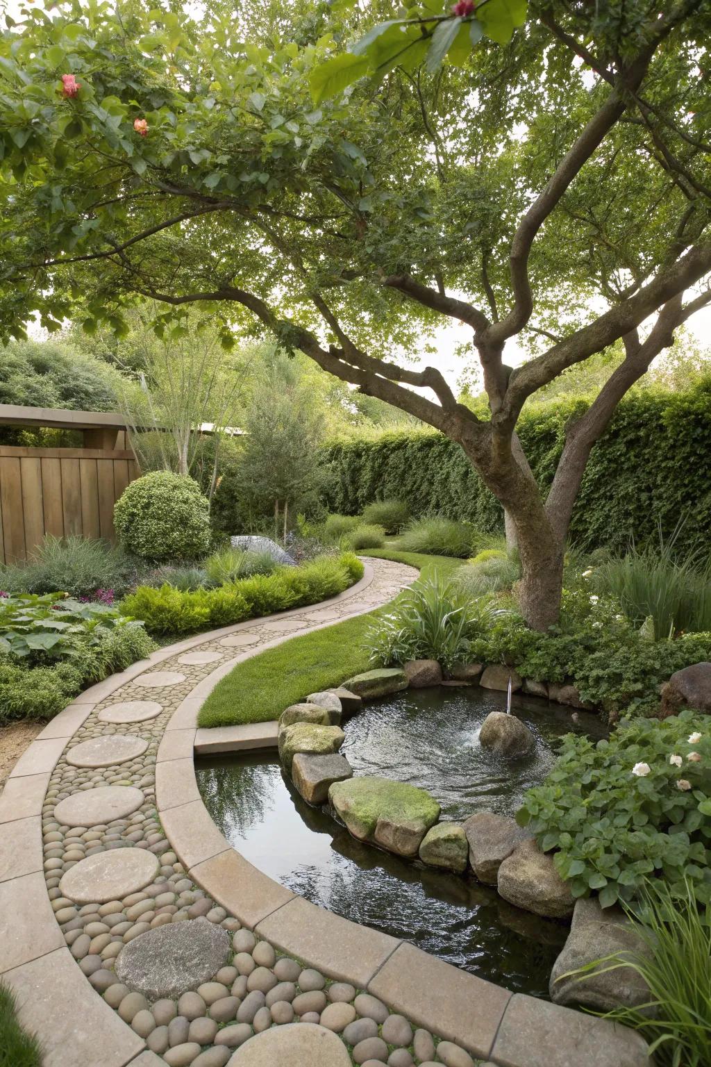 Tie tree spaces with garden elements for a cohesive design.