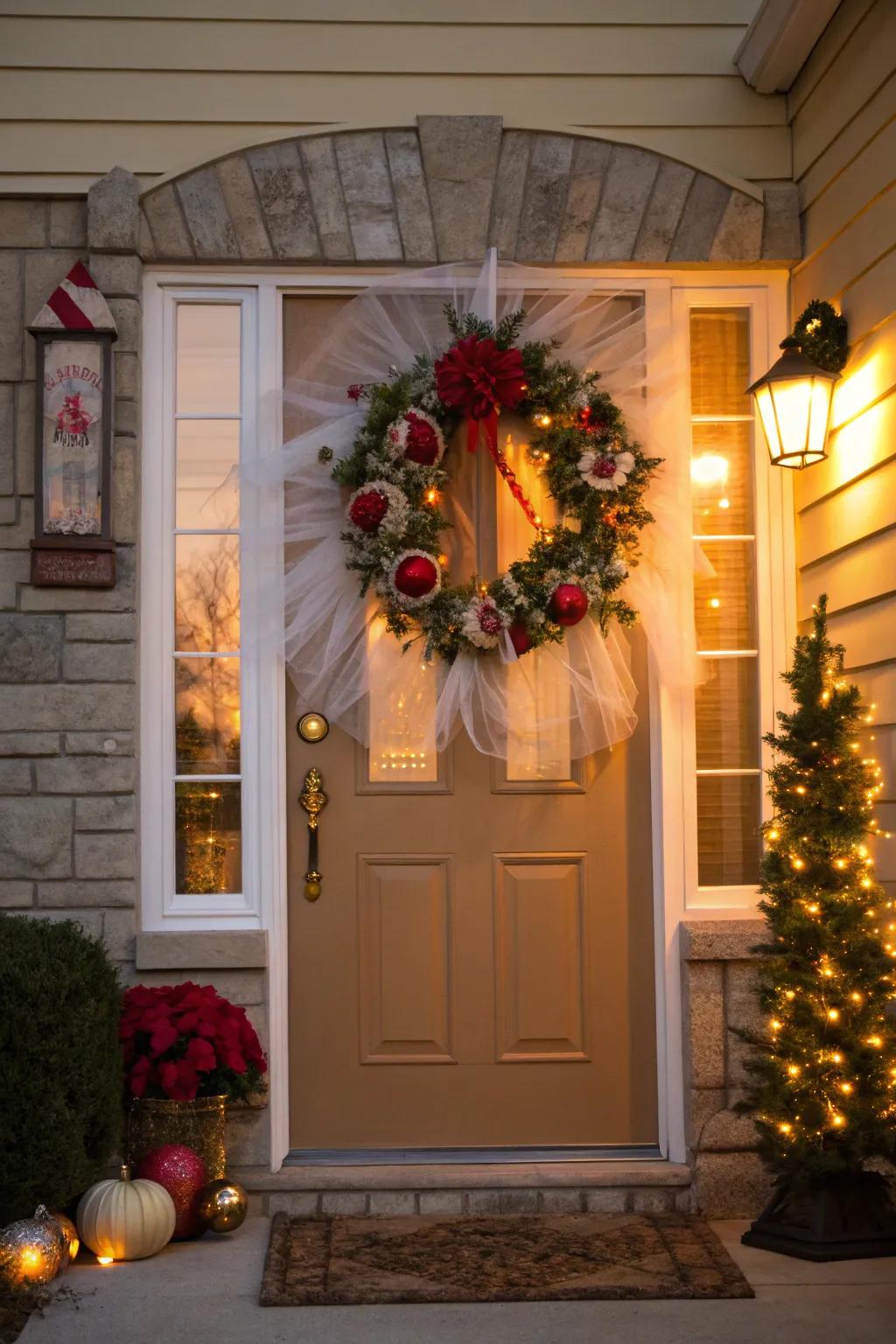 Welcome with style using a tulle wreath.