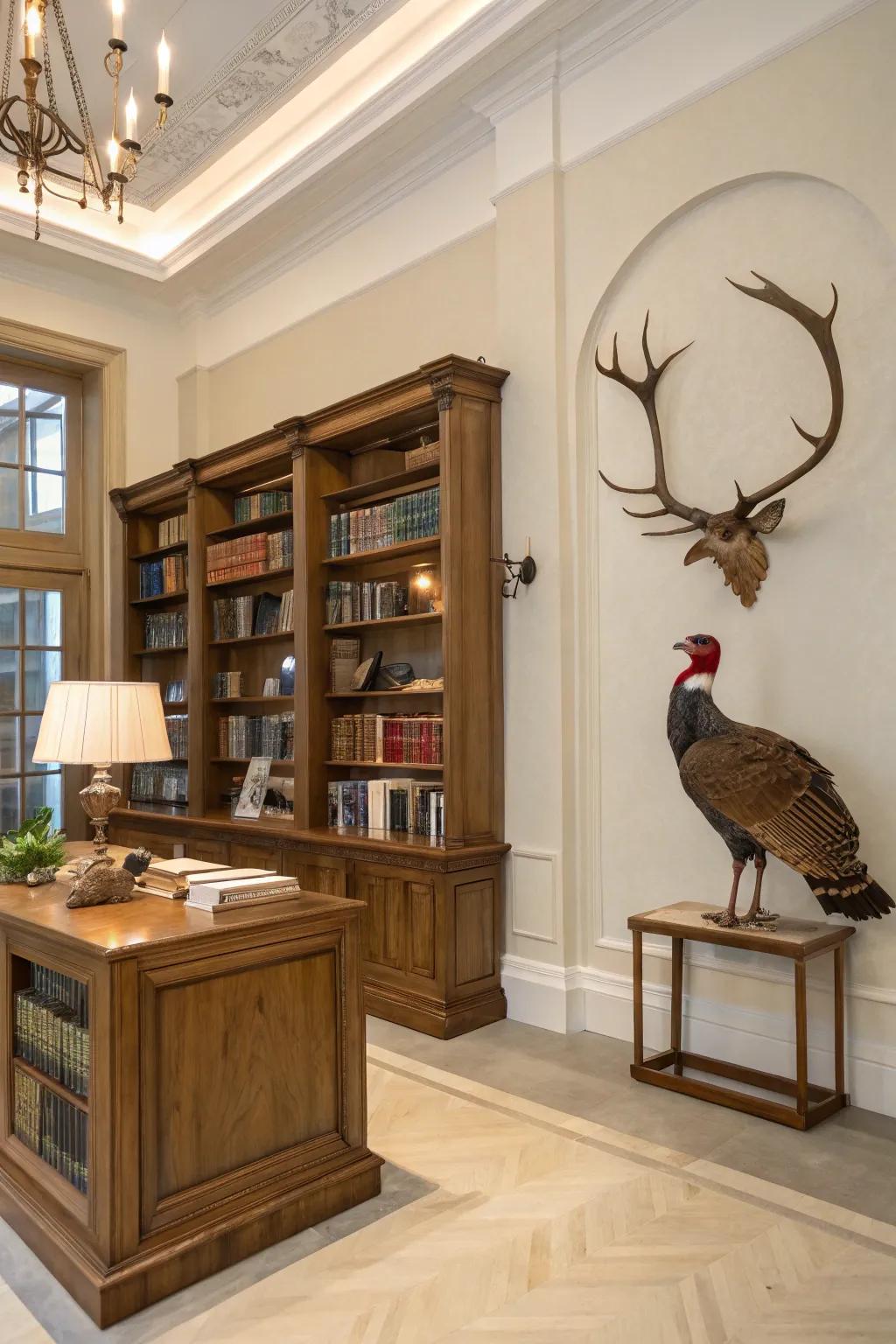 A sophisticated display blending turkey mounts with antlers.