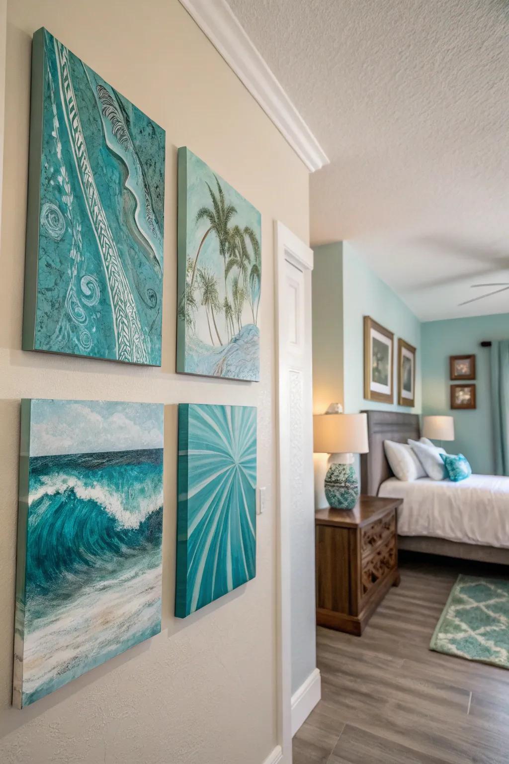 Abstract art with turquoise adds depth and interest to this bedroom.