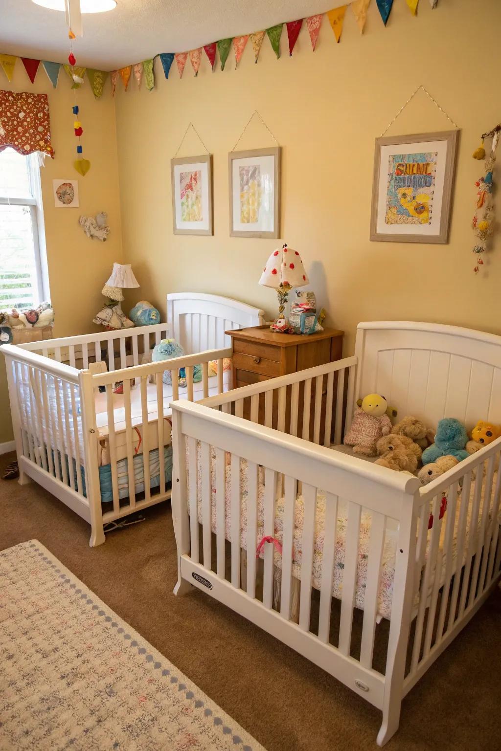 Strategic crib placement enhances accessibility and space utility.