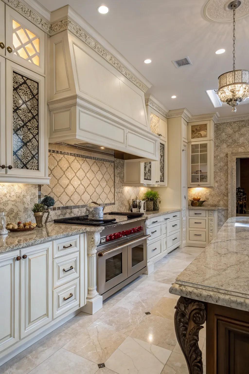 A kitchen where marble meets tiles for a luxurious finish.