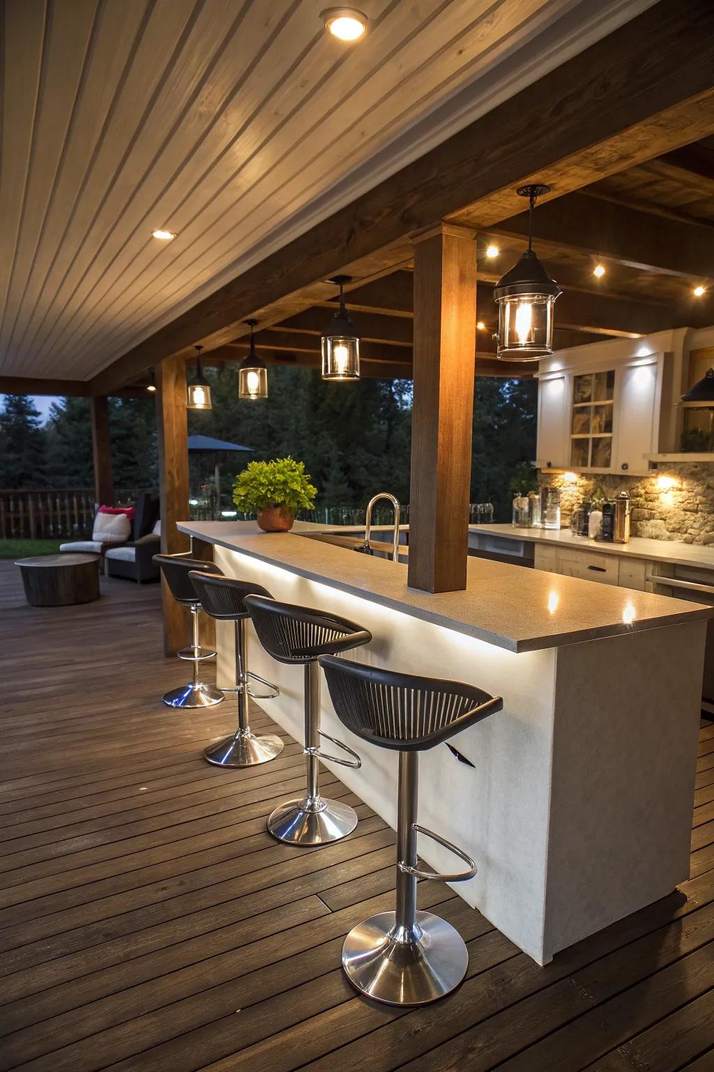 A chic bar arrangement under the deck, set for hosting social gatherings.