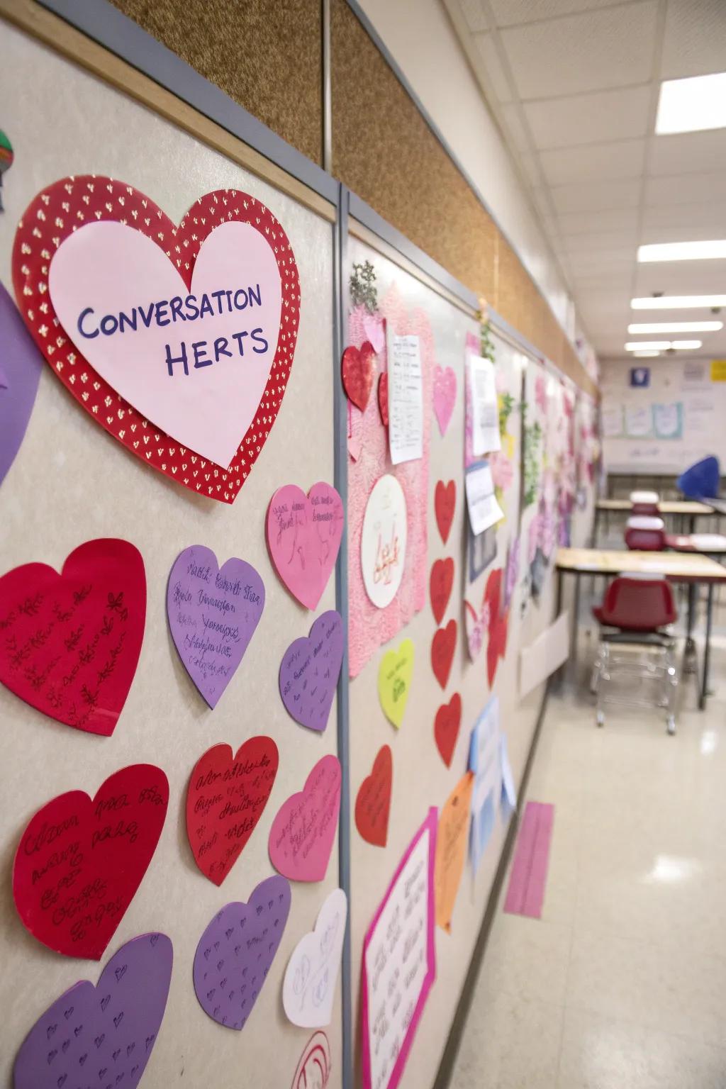 A bulletin board featuring colorful conversation hearts with personalized messages.