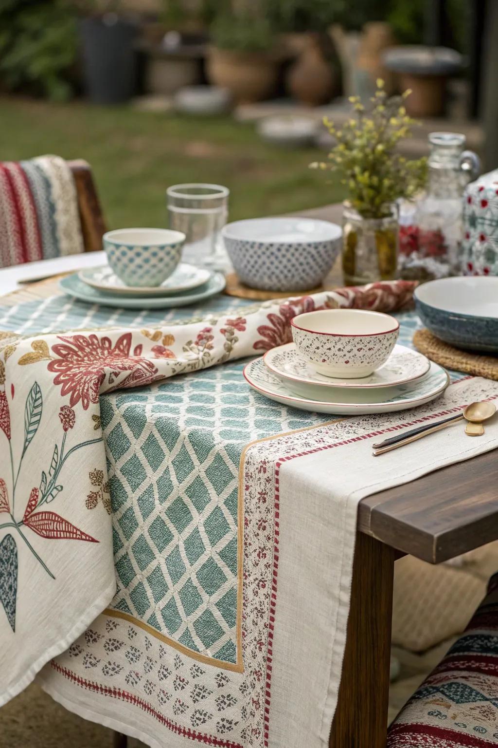 Combining patterns and textures results in a vibrant tablescape.