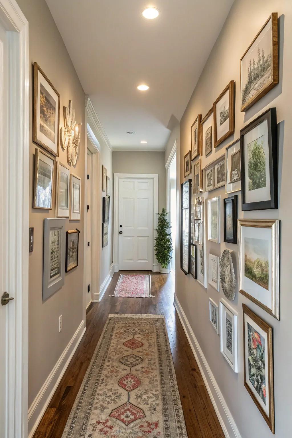 A color-coordinated gallery wall in an entryway