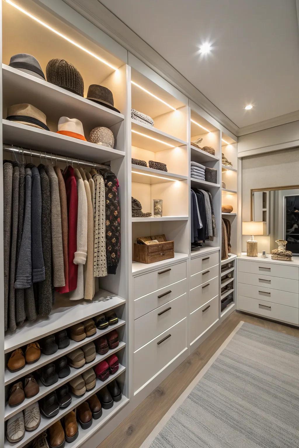 Custom drawers present practical solutions for accessory storage.