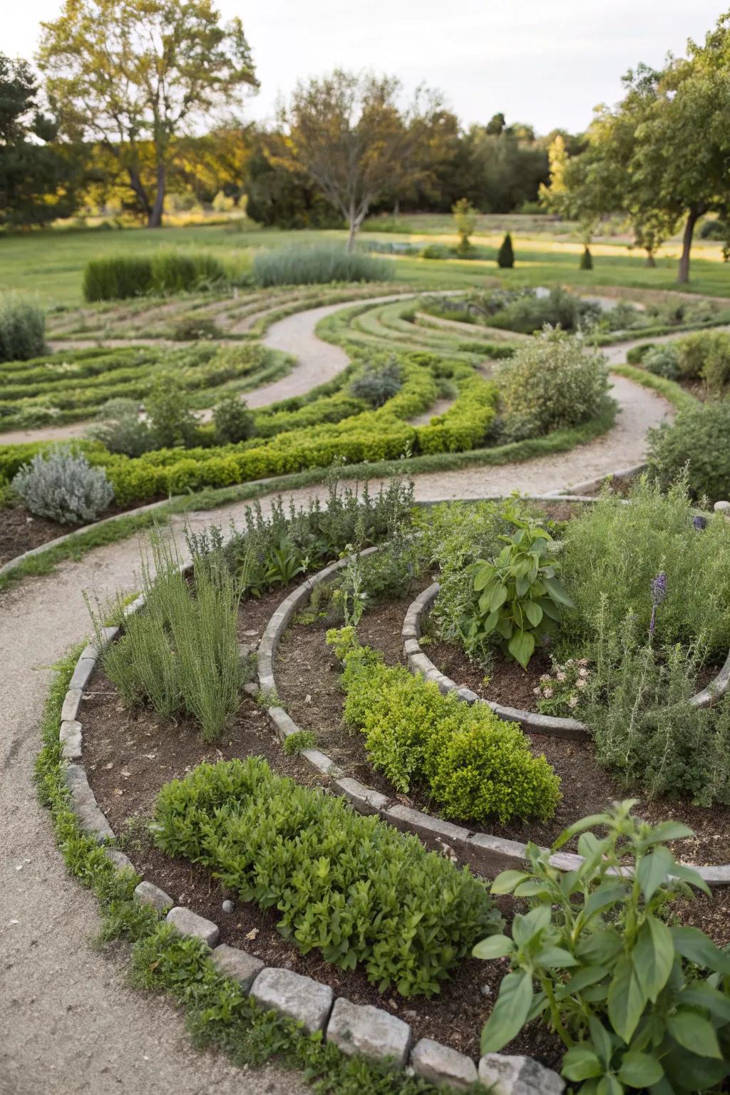 A spiral herb garden labyrinth offers both meditation and fresh herbs.