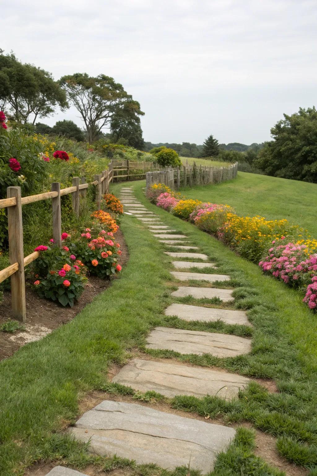 Grass and stone routes create a harmonious garden look.