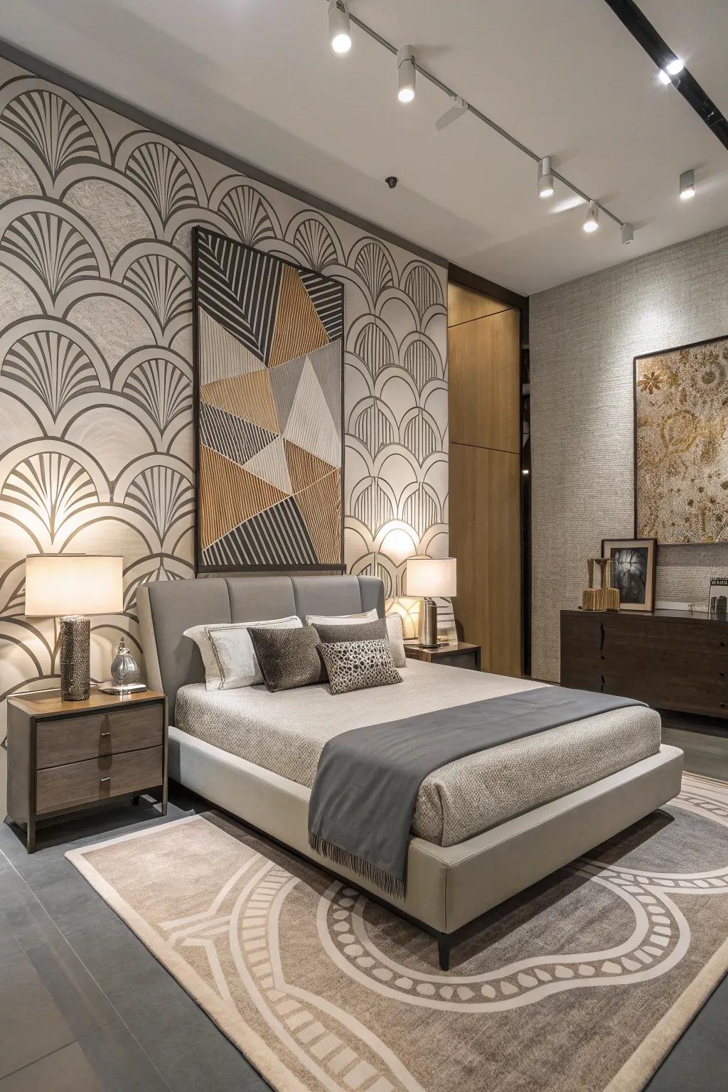 Abstract decals bring a modern touch to this stylish bedroom.