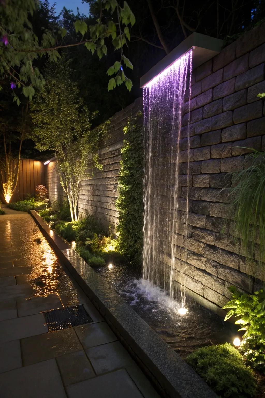 A rain curtain waterfall offers a contemporary and captivating look.