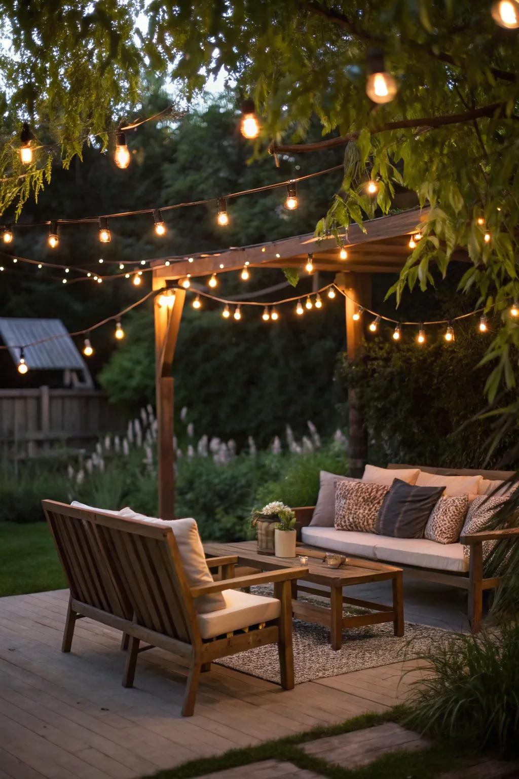 String lights add a warm, inviting glow to the patio.