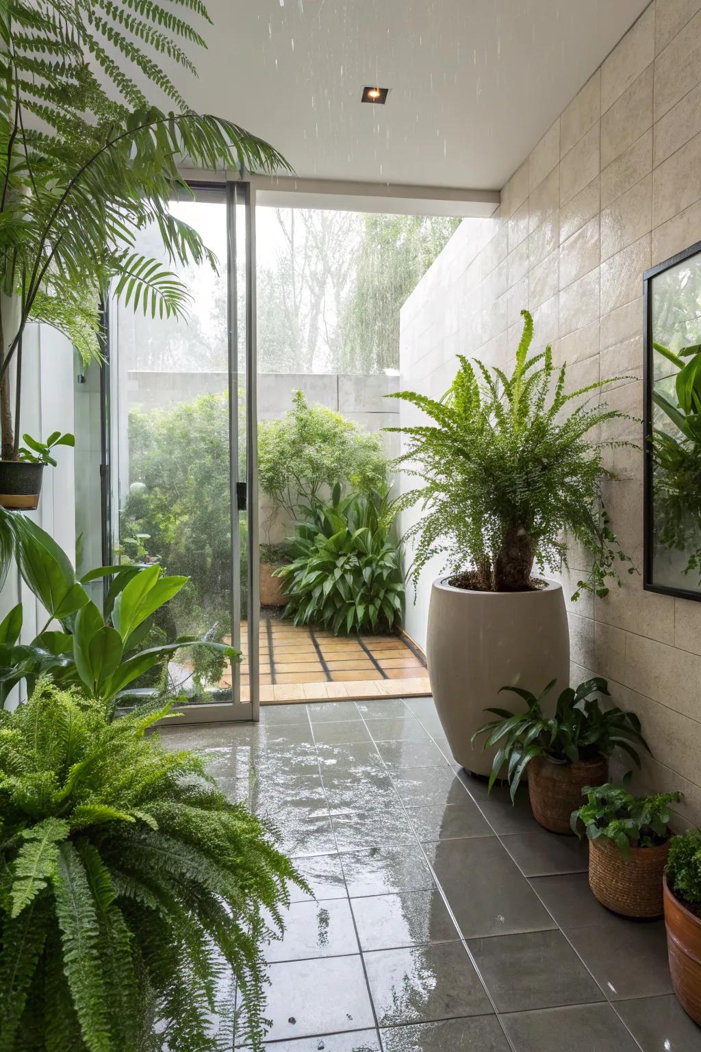 Greenery brings life and serenity to the wet room.