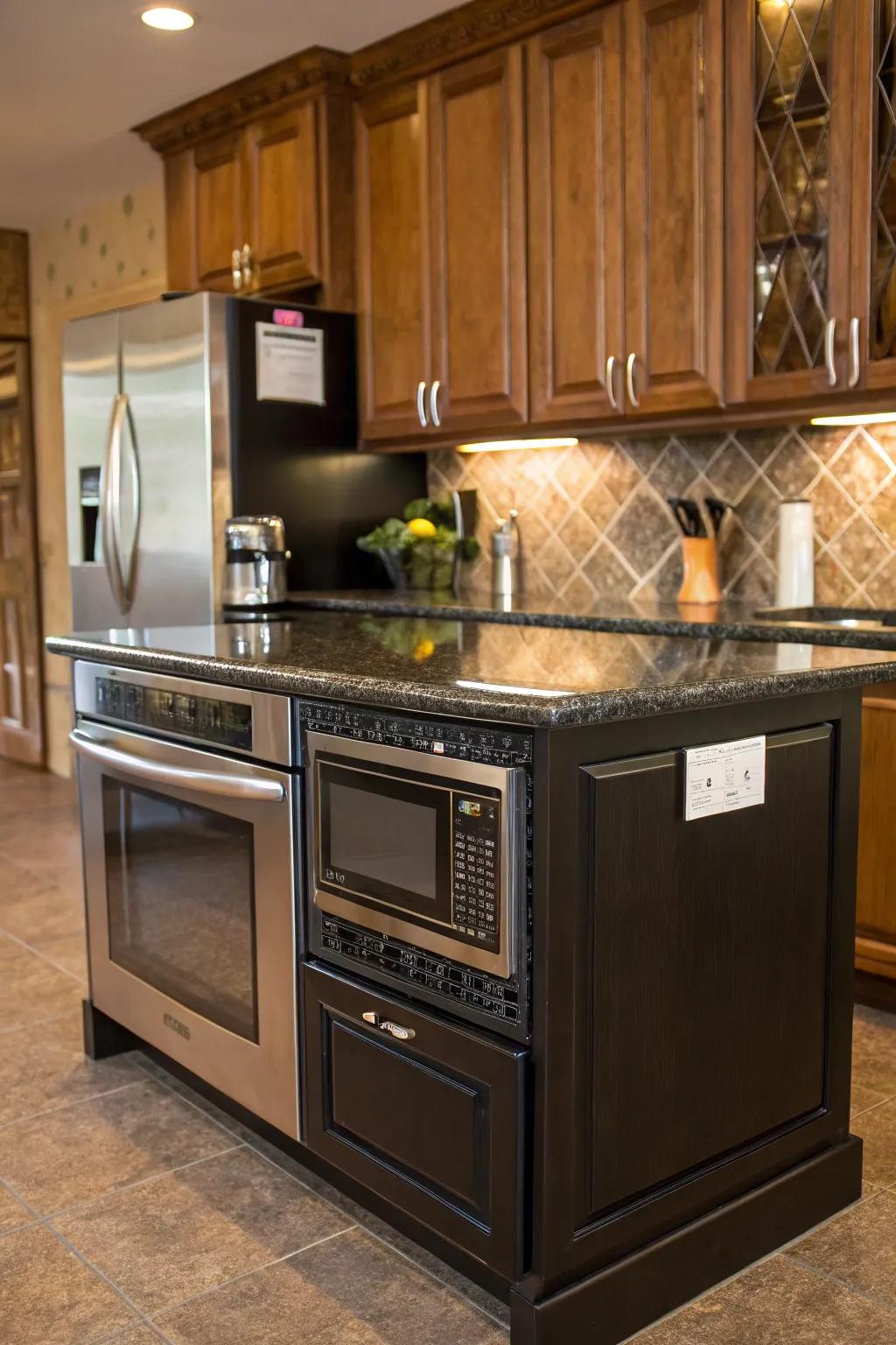 A microwave integrated into a kitchen island for convenience.